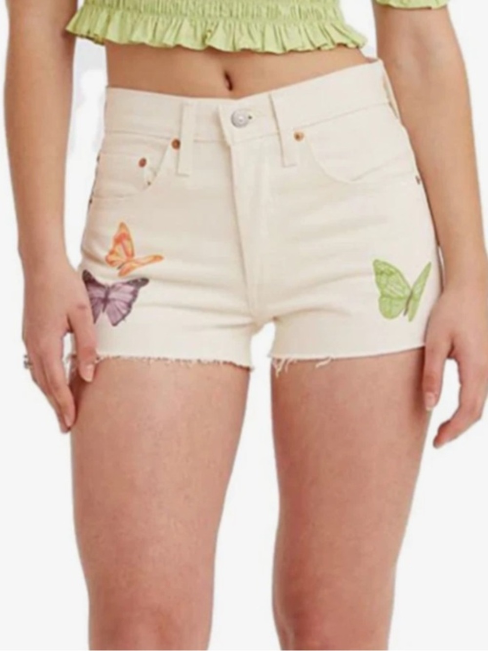 Levis 501 x Ganni Raw Hem High Rise Embroidered Butterfly Denim Shorts 29/3 NWOT